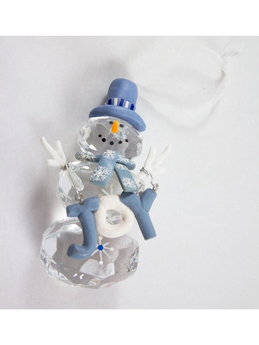 Vintage Acrylic Crystal-Look Snowman Ornament Blue Hat & Scarf w/"Joy" Sign
